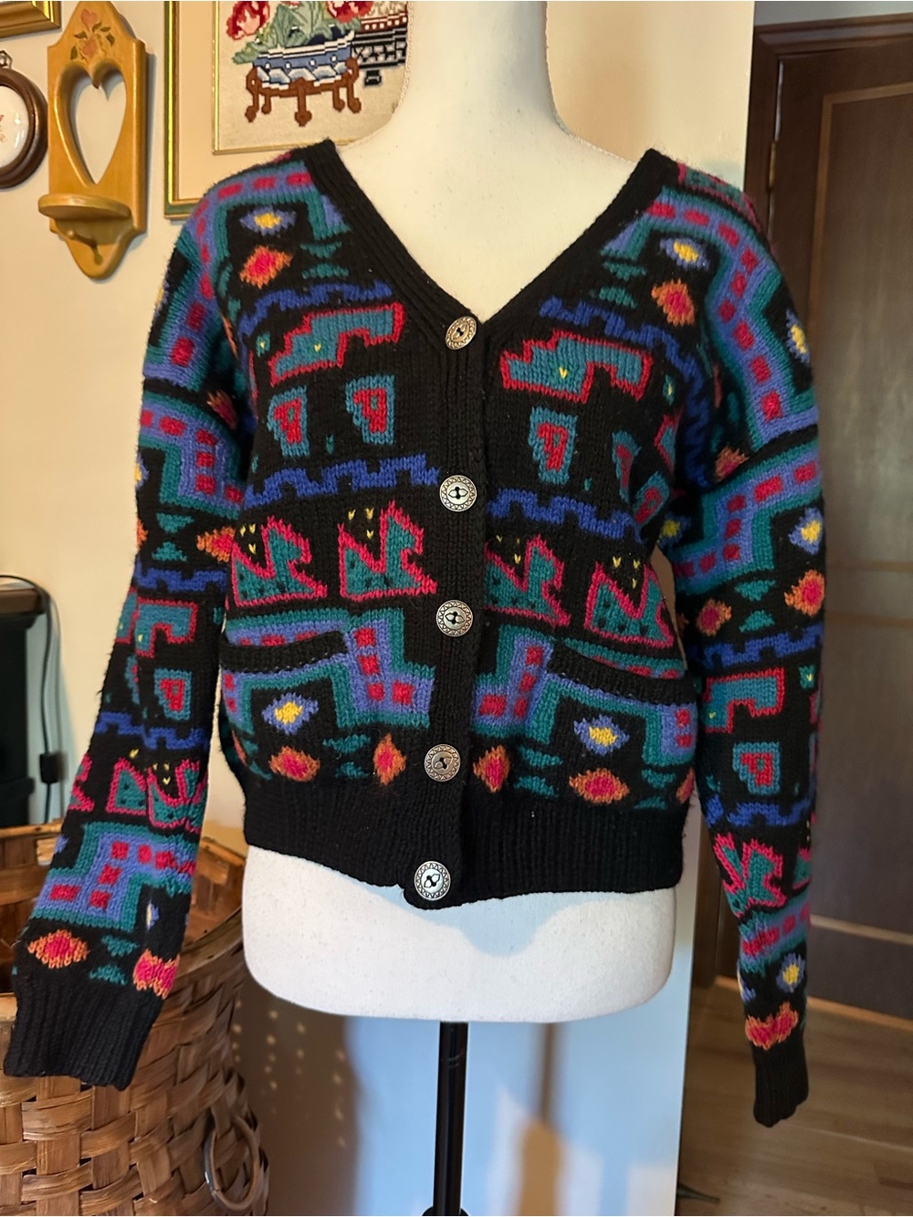 L.L. Bean Black Cardigan with Multicolor Geometric Pattern